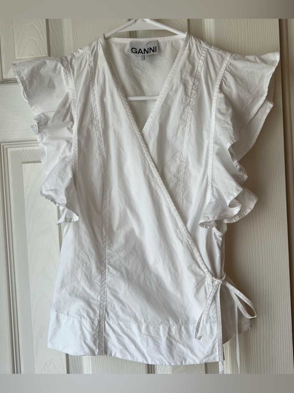 Ganni White Cotton Wrap Top with Ruffle Sleeves